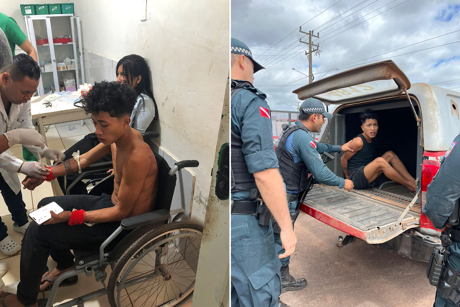 Felipe Tembé was treated for shot wounds (left) and taken to jail (right).