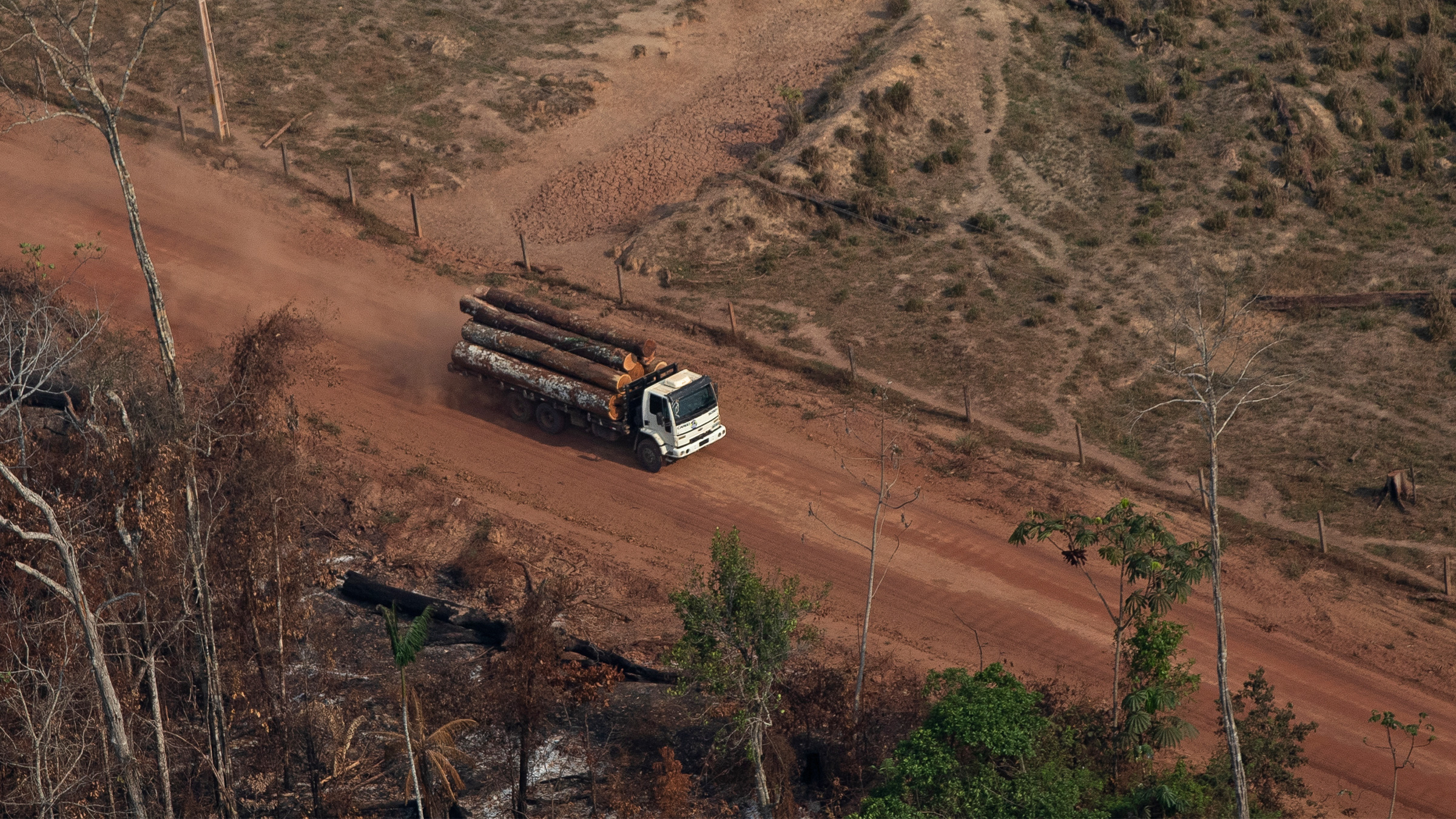 A logging truck through deforested lands.